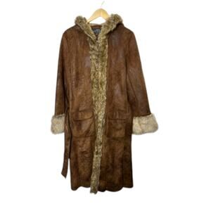 Montana Co. Long Length Faux Suede & Fur Trim Belted Coat Hood Women's Medium